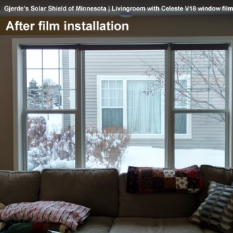 Before and After living room we reduced glare with window tint.